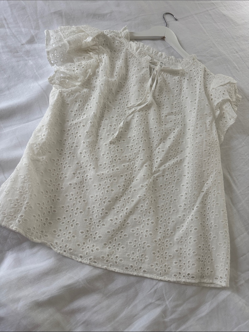 NY Collection White Eyelet Tie-Neck Blouse